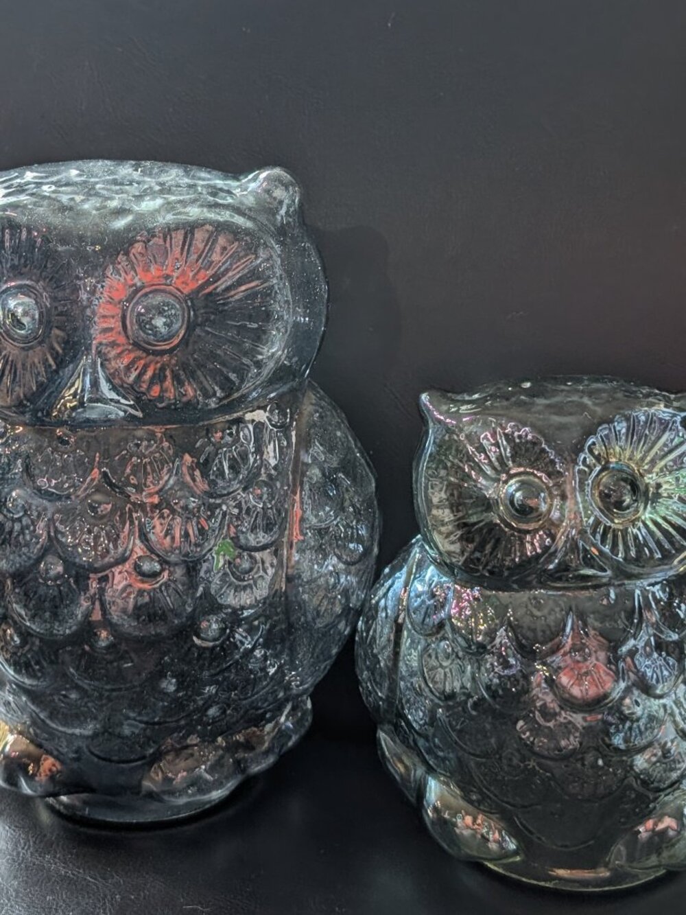 Home Decor. Vintage Smoky Grey Colored Textured Glass Owls. Set of 2